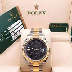 Pre Owned Rolex Datejust II 116333 Automatic Black Roman Dial 18k Yellow Gold Stainless Steel Men's Wristwatch 41 mm