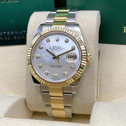 Pre Owned Rolex Datejust 126333 Automatic White Mother of Pearl Diamond Dial Stainless Steel 18k Yellow Gold Men's Wristwatch 41 mm