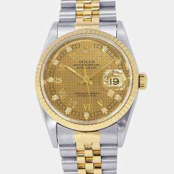 Pre Owned ساعة يد رجالية رولكس أوتوماتيكية ديتجاست 16233 ذهب أصفر عيار 18 ستانلس ستيل بلون الشمبانيا 36 مم