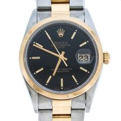 Pre Owned Rolex Black 18K Yellow Gold Stainless Steel Oyster Perpetual Date 15203 Men's Wristwatch 34 mm