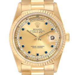 Pre Owned Rolex Champagne Blue Sapphire Diamonds 18K Yellow Gold President Day-Date 18238 Men's Wristwatch 36 MM
