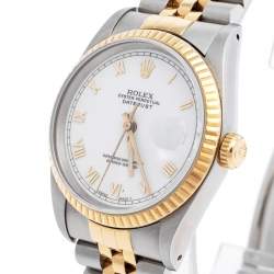 Pre Owned Rolex White 18K Yellow Gold & Stainless Steel Datejust 16233 Automatic Unisex Wristwatch 35 mm