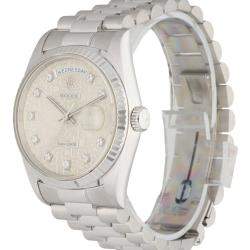 مملوكة مسبقًا Rolex Silver Diamonds 18K White Gold Day-Date 18239 Men's Wristwatch 36 MM
