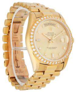 مملوكة مسبقًا Rolex Champagne 18K Yellow Gold and Diamond Day Date President 18048 Men's Wristwatch 36 mm