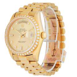 مملوكة مسبقًا Rolex Champagne 18K Yellow Gold and Diamond Day Date President 18048 Men's Wristwatch 36 mm