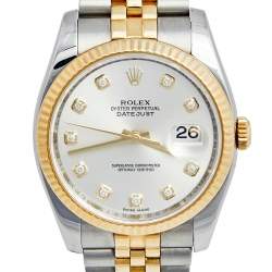 Pre Owned Rolex Silver Diamond 18K Yellow Gold Stainless Steel Datejust 116233 Men's Wristwatch 36 mm