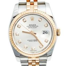 Pre Owned Rolex Silver Diamond 18k Rose Gold Stainless Steel Datejust 116231 Men's Wristwatch 36 mm