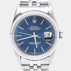 مملوكة مسبقًا ساعة يد رجالية رولكس ديت جست 16234 ستانلس ستيل وذهب أبيض 18 زرقاء 36 مم
