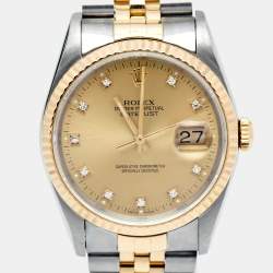 Pre Owned Rolex Champagne Diamond 18k Yellow Gold Stainless Steel Datejust 16233 Men's Wristwatch 36 mm