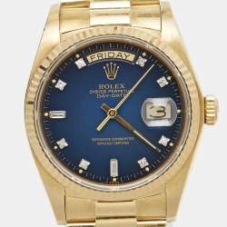 مملوكة مسبقًا Rolex Blue Vignette 18K Yellow Gold Diamond Vintage Oyster Perpetual Day-Date President 18038 Men's Wristwatch 36 mm