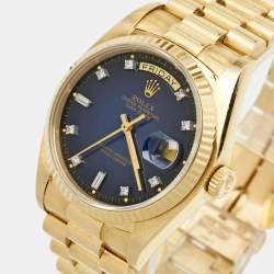 مملوكة مسبقًا Rolex Blue Vignette 18K Yellow Gold Diamond Vintage Oyster Perpetual Day-Date President 18038 Men's Wristwatch 36 mm