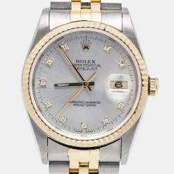 Pre Owned Rolex Silver Diamonds 18K Yellow Gold And Stainless Steel Datejust 16233 Men's Wristwatch 36 MM