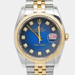 Pre Owned Rolex Blue Vignette 18K Yellow Gold Stainless Steel Diamond Datejust 116233 Men's Wristwatch 36 mm