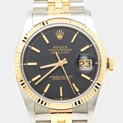 Pre Owned Rolex Black 18K Yellow Gold Stainless Steel Datejust 1601/3 Men's Wristwatch 36 mm