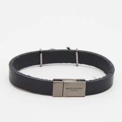 Pre Owned Saint Laurent Black Leather Gunmetal Tone Logo Opyum Bracelet