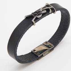Pre Owned Saint Laurent Black Leather Gunmetal Tone Logo Opyum Bracelet