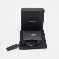 Pre Owned Saint Laurent Black Leather Gunmetal Tone Logo Opyum Bracelet