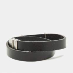 Saint Laurent Black Leather Silver Tone Cassandre Double Wrap Bracelet