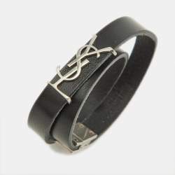 Saint Laurent Black Leather Silver Tone Cassandre Double Wrap Bracelet
