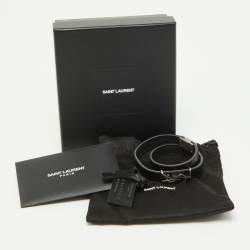 Saint Laurent Black Leather Silver Tone Cassandre Double Wrap Bracelet