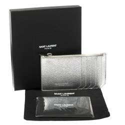 Saint Laurent Metallic Silver Leather Zip Card Holder 