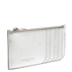 Saint Laurent Metallic Silver Leather Zip Card Holder 
