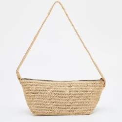 Saint Laurent Beige Woven Raffia Le Tuc Logo Embroidered Shoulder Bag