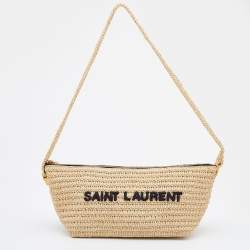 Saint Laurent Beige Woven Raffia Le Tuc Logo Embroidered Shoulder Bag