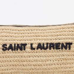 Saint Laurent Beige Woven Raffia Le Tuc Logo Embroidered Shoulder Bag
