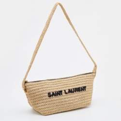 Saint Laurent Beige Woven Raffia Le Tuc Logo Embroidered Shoulder Bag