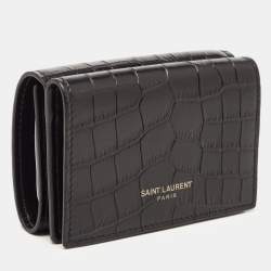 Saint Laurent Black Croc Embossed Leather Trifold Card Case