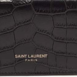 Saint Laurent Black Croc Embossed Leather Trifold Card Case
