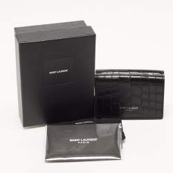 Saint Laurent Black Croc Embossed Leather Trifold Card Case