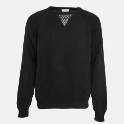 Pre Owned Saint Laurent Paris Black Studded Leather Trim Rib Knit Sweater XXL