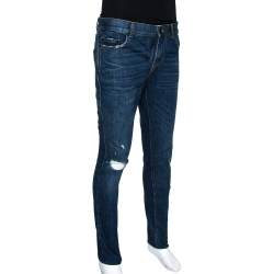 Pre Owned بنطلون جينز سان لوران باريس ضيق ممزق دنيم نمط باهت أزرق داكن مقاس صغير (سمول)