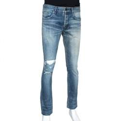 Saint Laurent Paris Indigo Washed Denim Distressed Slim Fit Jeans S