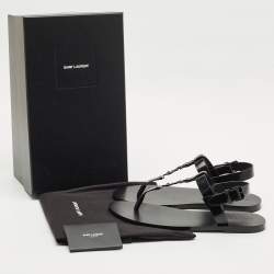 Saint Laurent Black Leather Cassandre Thong Sandals Size 45
