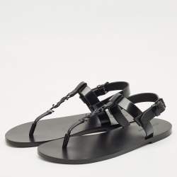 Saint Laurent Black Leather Cassandre Thong Sandals Size 45