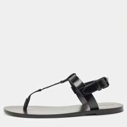 Saint Laurent Black Leather Cassandre Thong Sandals Size 45