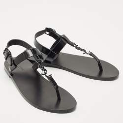 Saint Laurent Black Leather Cassandre Thong Sandals Size 45