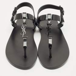Saint Laurent Black Leather Cassandre Thong Sandals Size 45