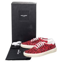 Pre Owned Saint Laurent Red/Black Leopard Print Canvas Skate Low Top Sneakers Size 41