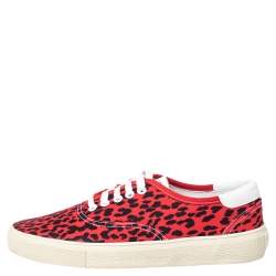 Pre Owned Saint Laurent Red/Black Leopard Print Canvas Skate Low Top Sneakers Size 41