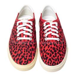Pre Owned Saint Laurent Red/Black Leopard Print Canvas Skate Low Top Sneakers Size 41