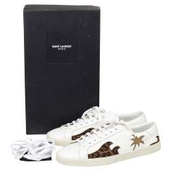 مملوكة مسبقًا حذاء رياضي سان لوران بالم تري جلد أبيض بعنق منخفض مقاس 41