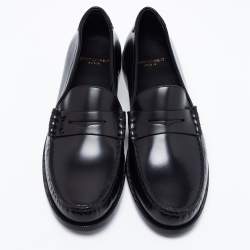 Saint Laurent Black Leather Monogram Penny Loafers Size 43