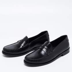 Saint Laurent Black Leather Monogram Penny Loafers Size 43