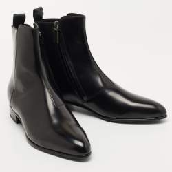 Saint Laurent Black Glossy Leather Zip Ankle Boots Size 42.5