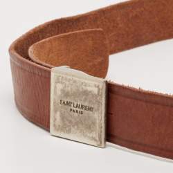 Pre Owned Saint Laurent Brown Leather Logo Plague Belt 95CM