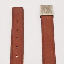 Pre Owned Saint Laurent Brown Leather Logo Plague Belt 95CM